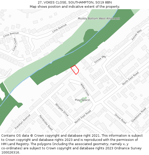27, VOKES CLOSE, SOUTHAMPTON, SO19 8BN: Location map and indicative extent of plot
