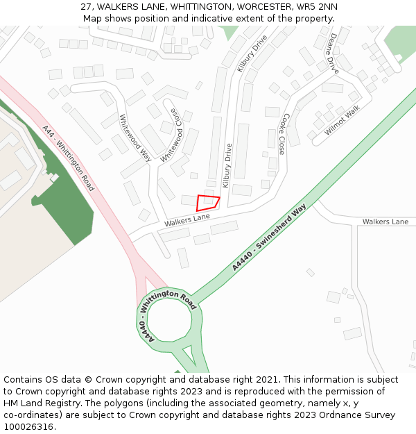 27, WALKERS LANE, WHITTINGTON, WORCESTER, WR5 2NN: Location map and indicative extent of plot