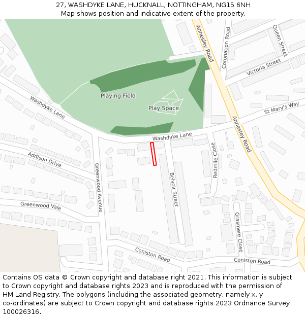 27, WASHDYKE LANE, HUCKNALL, NOTTINGHAM, NG15 6NH: Location map and indicative extent of plot