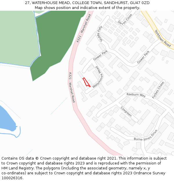 27, WATERHOUSE MEAD, COLLEGE TOWN, SANDHURST, GU47 0ZD: Location map and indicative extent of plot