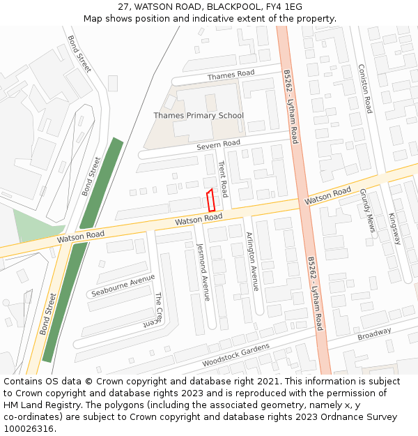 27, WATSON ROAD, BLACKPOOL, FY4 1EG: Location map and indicative extent of plot