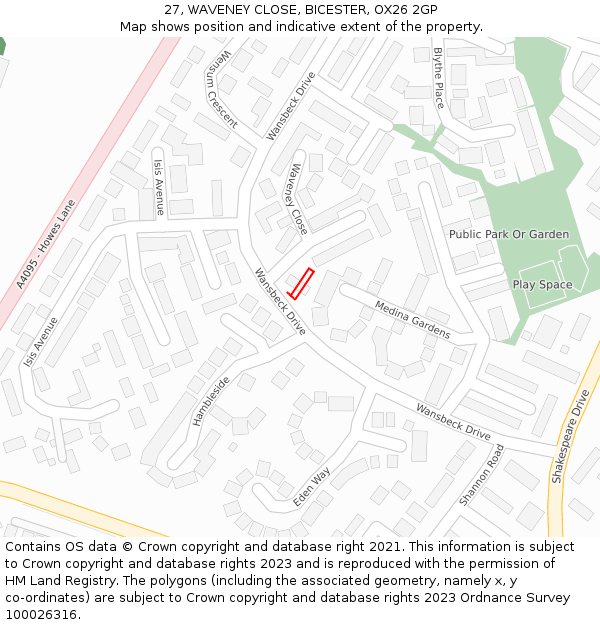 27, WAVENEY CLOSE, BICESTER, OX26 2GP: Location map and indicative extent of plot