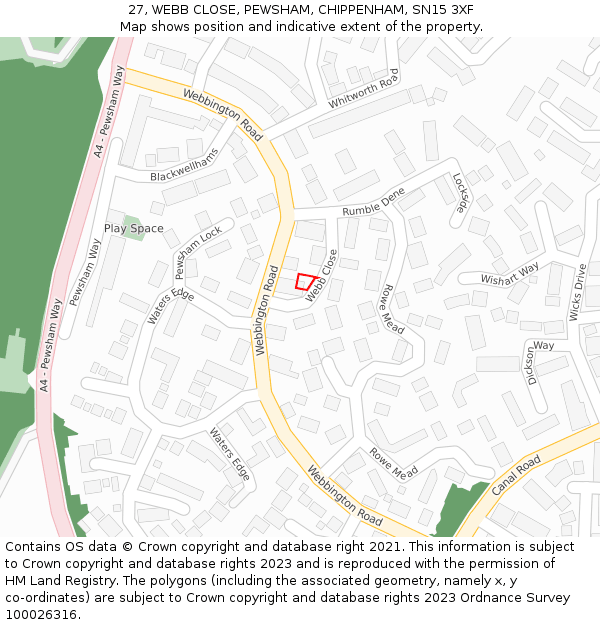 27, WEBB CLOSE, PEWSHAM, CHIPPENHAM, SN15 3XF: Location map and indicative extent of plot