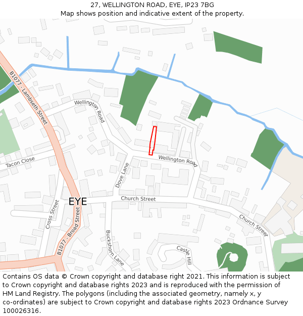 27, WELLINGTON ROAD, EYE, IP23 7BG: Location map and indicative extent of plot