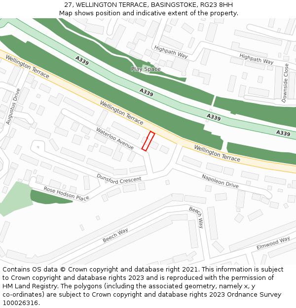 27, WELLINGTON TERRACE, BASINGSTOKE, RG23 8HH: Location map and indicative extent of plot