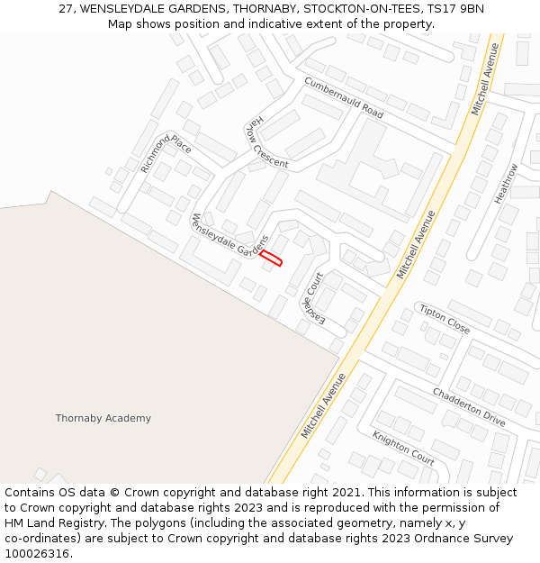 27, WENSLEYDALE GARDENS, THORNABY, STOCKTON-ON-TEES, TS17 9BN: Location map and indicative extent of plot