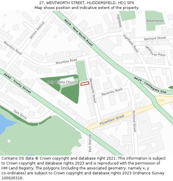 27, WENTWORTH STREET, HUDDERSFIELD, HD1 5PX: Location map and indicative extent of plot