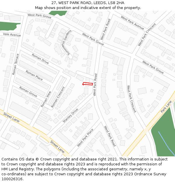 27, WEST PARK ROAD, LEEDS, LS8 2HA: Location map and indicative extent of plot