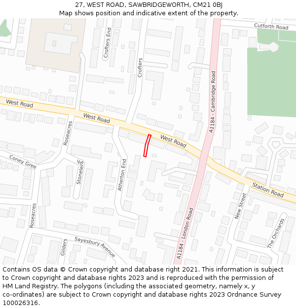 27, WEST ROAD, SAWBRIDGEWORTH, CM21 0BJ: Location map and indicative extent of plot