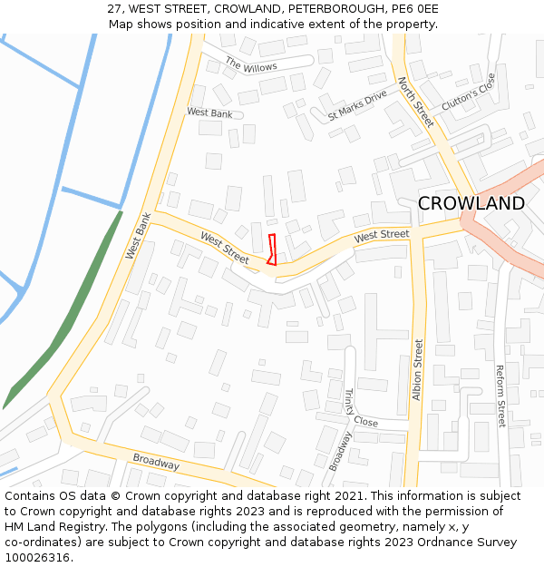 27, WEST STREET, CROWLAND, PETERBOROUGH, PE6 0EE: Location map and indicative extent of plot