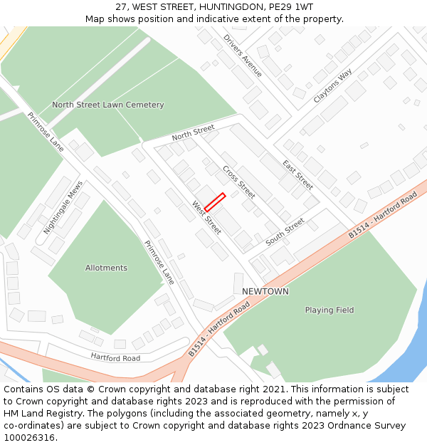 27, WEST STREET, HUNTINGDON, PE29 1WT: Location map and indicative extent of plot