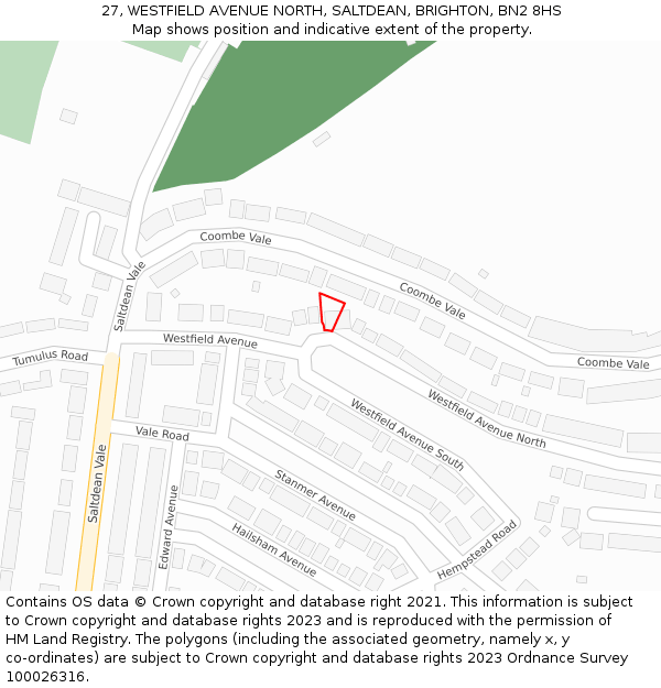 27, WESTFIELD AVENUE NORTH, SALTDEAN, BRIGHTON, BN2 8HS: Location map and indicative extent of plot