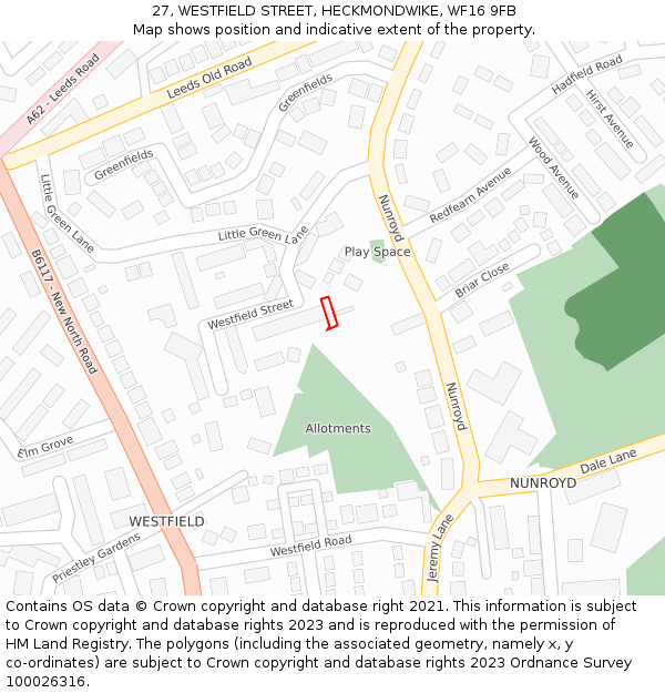 27, WESTFIELD STREET, HECKMONDWIKE, WF16 9FB: Location map and indicative extent of plot