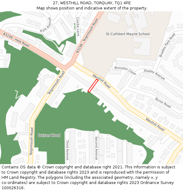 27, WESTHILL ROAD, TORQUAY, TQ1 4PE: Location map and indicative extent of plot