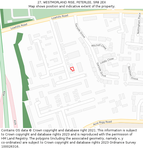 27, WESTMORLAND RISE, PETERLEE, SR8 2EX: Location map and indicative extent of plot