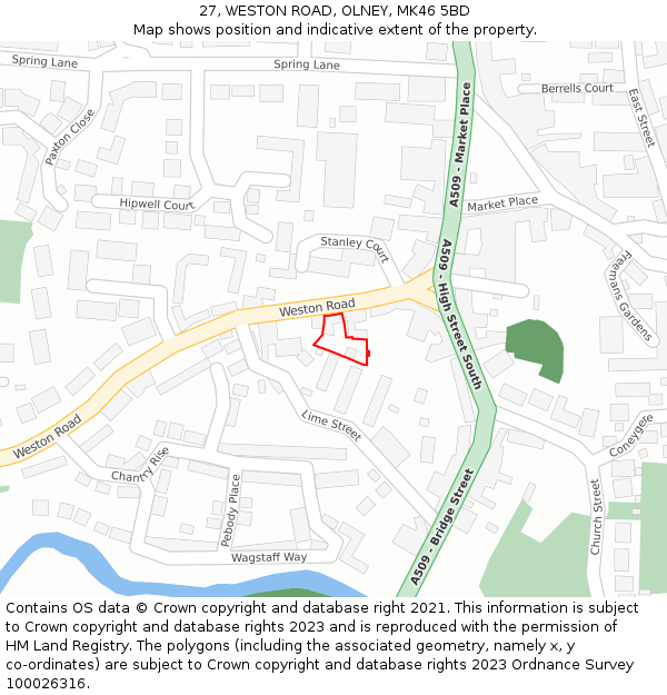 27, WESTON ROAD, OLNEY, MK46 5BD: Location map and indicative extent of plot