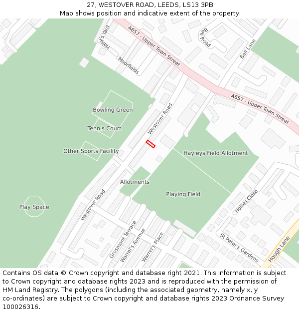 27, WESTOVER ROAD, LEEDS, LS13 3PB: Location map and indicative extent of plot