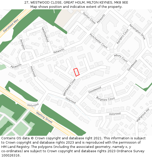 27, WESTWOOD CLOSE, GREAT HOLM, MILTON KEYNES, MK8 9EE: Location map and indicative extent of plot