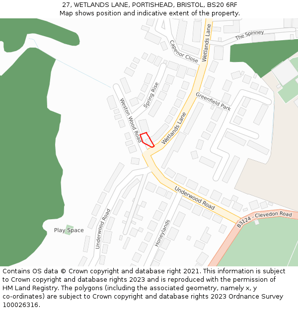 27, WETLANDS LANE, PORTISHEAD, BRISTOL, BS20 6RF: Location map and indicative extent of plot