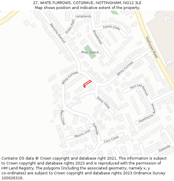 27, WHITE FURROWS, COTGRAVE, NOTTINGHAM, NG12 3LE: Location map and indicative extent of plot