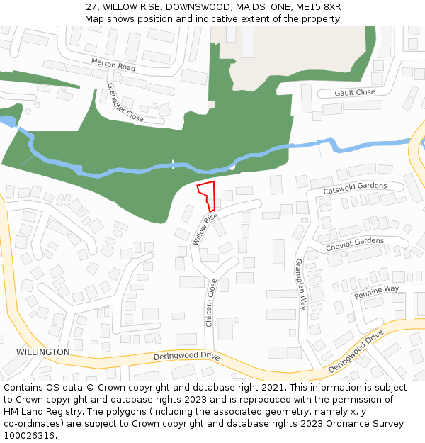 27, WILLOW RISE, DOWNSWOOD, MAIDSTONE, ME15 8XR: Location map and indicative extent of plot