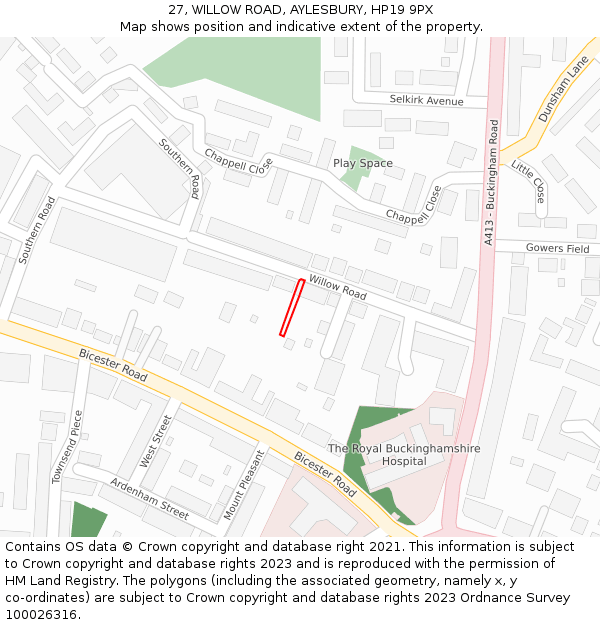 27, WILLOW ROAD, AYLESBURY, HP19 9PX: Location map and indicative extent of plot