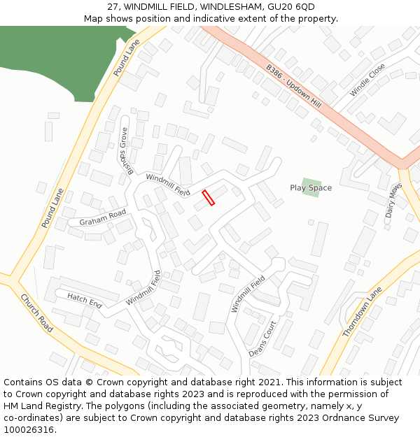 27, WINDMILL FIELD, WINDLESHAM, GU20 6QD: Location map and indicative extent of plot