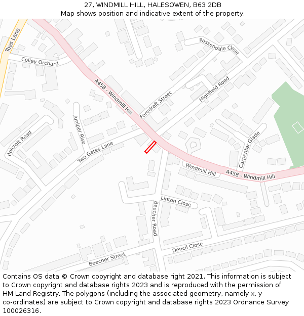 27, WINDMILL HILL, HALESOWEN, B63 2DB: Location map and indicative extent of plot