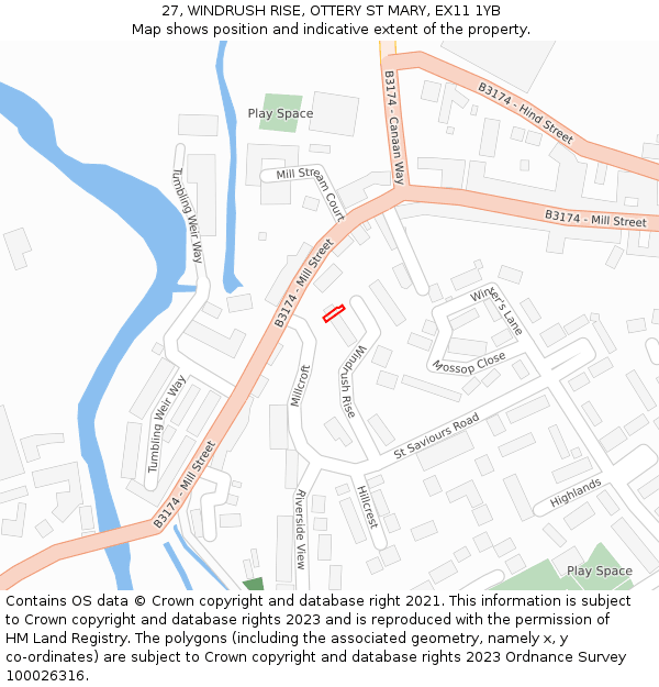 27, WINDRUSH RISE, OTTERY ST MARY, EX11 1YB: Location map and indicative extent of plot