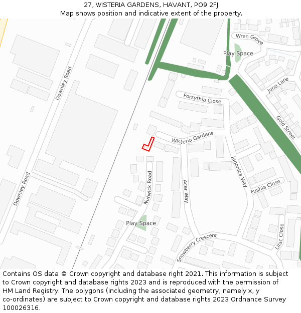 27, WISTERIA GARDENS, HAVANT, PO9 2FJ: Location map and indicative extent of plot