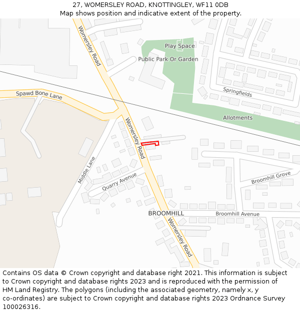 27, WOMERSLEY ROAD, KNOTTINGLEY, WF11 0DB: Location map and indicative extent of plot
