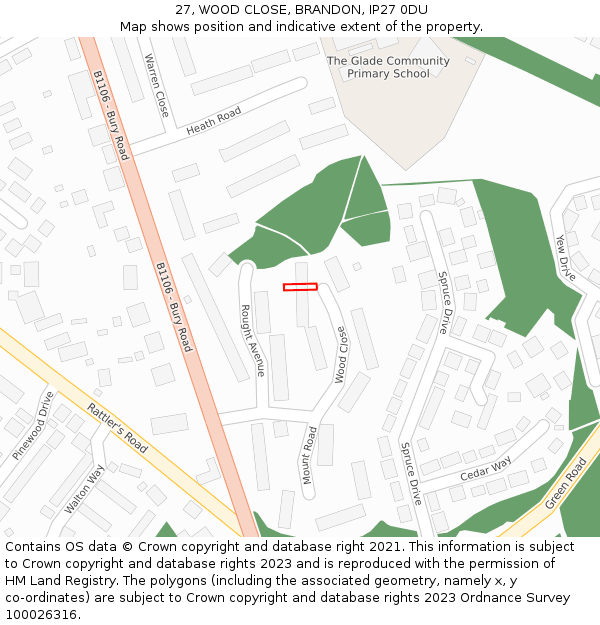 27, WOOD CLOSE, BRANDON, IP27 0DU: Location map and indicative extent of plot