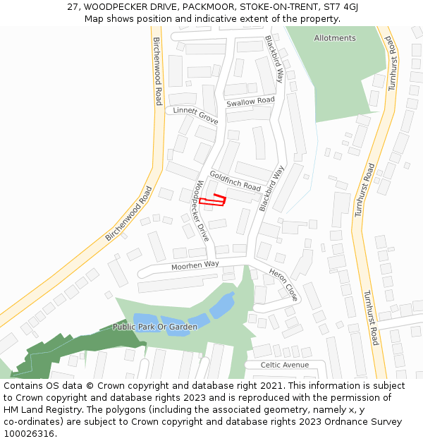 27, WOODPECKER DRIVE, PACKMOOR, STOKE-ON-TRENT, ST7 4GJ: Location map and indicative extent of plot