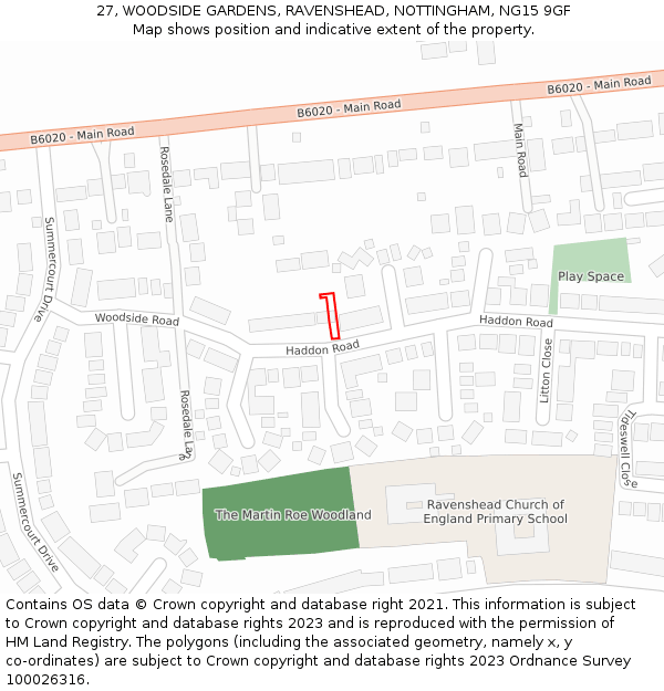 27, WOODSIDE GARDENS, RAVENSHEAD, NOTTINGHAM, NG15 9GF: Location map and indicative extent of plot