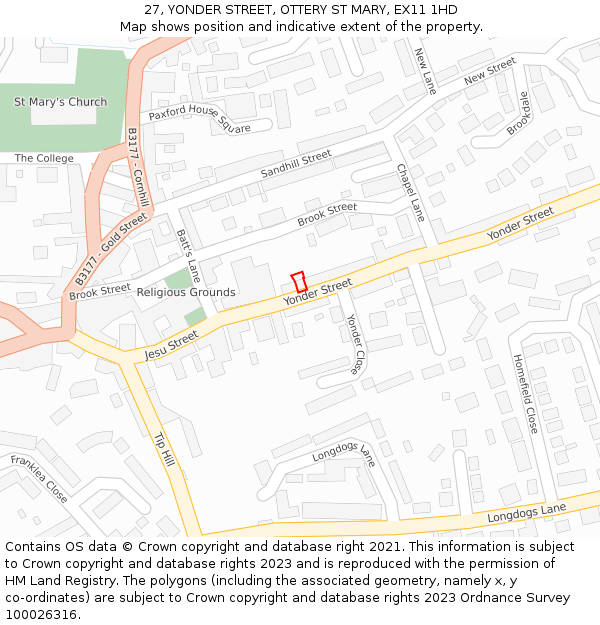 27, YONDER STREET, OTTERY ST MARY, EX11 1HD: Location map and indicative extent of plot