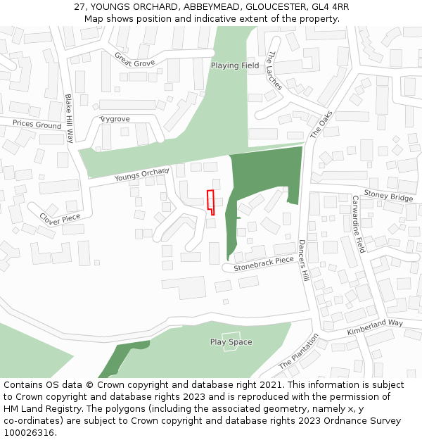 27, YOUNGS ORCHARD, ABBEYMEAD, GLOUCESTER, GL4 4RR: Location map and indicative extent of plot