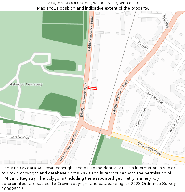 270, ASTWOOD ROAD, WORCESTER, WR3 8HD: Location map and indicative extent of plot