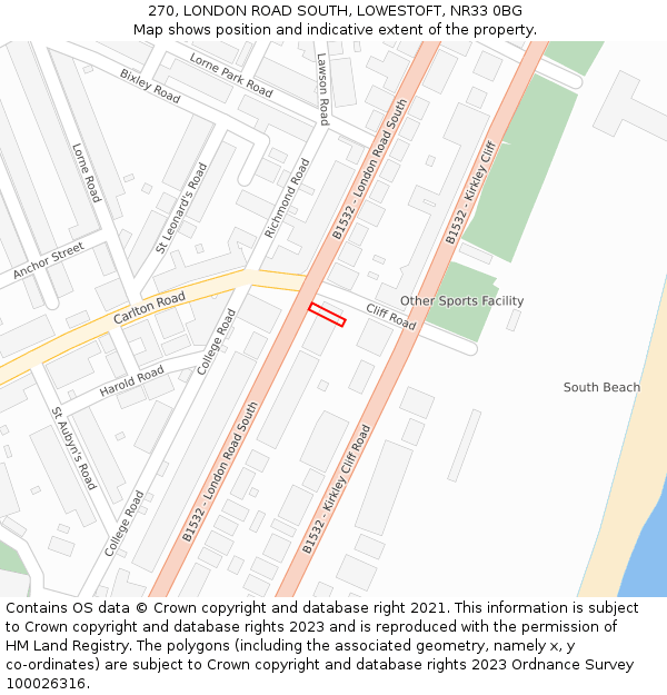 270, LONDON ROAD SOUTH, LOWESTOFT, NR33 0BG: Location map and indicative extent of plot