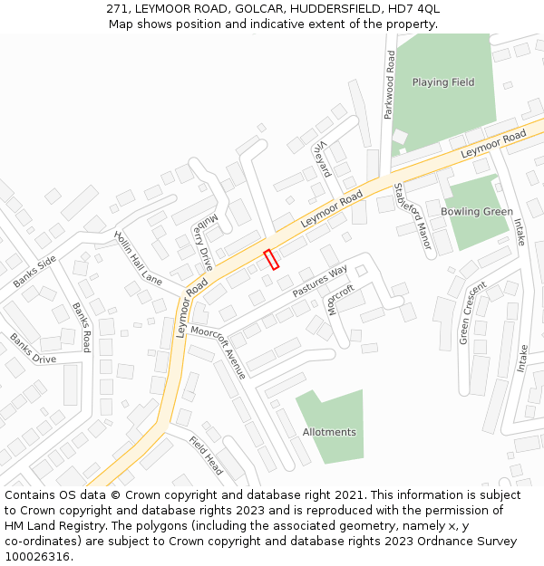 271, LEYMOOR ROAD, GOLCAR, HUDDERSFIELD, HD7 4QL: Location map and indicative extent of plot