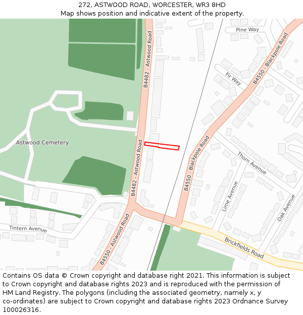 272, ASTWOOD ROAD, WORCESTER, WR3 8HD: Location map and indicative extent of plot