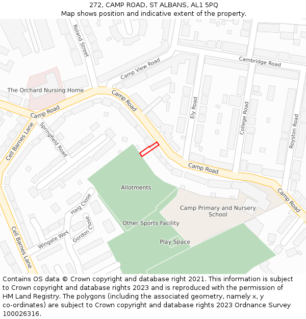 272, CAMP ROAD, ST ALBANS, AL1 5PQ: Location map and indicative extent of plot
