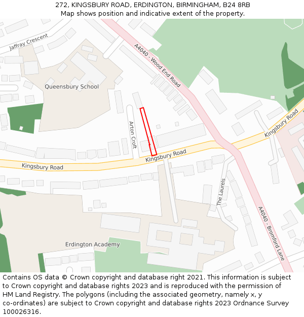 272, KINGSBURY ROAD, ERDINGTON, BIRMINGHAM, B24 8RB: Location map and indicative extent of plot
