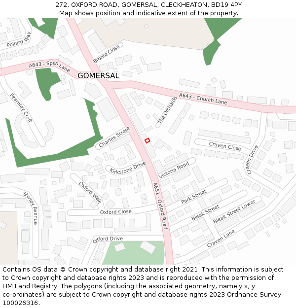 272, OXFORD ROAD, GOMERSAL, CLECKHEATON, BD19 4PY: Location map and indicative extent of plot