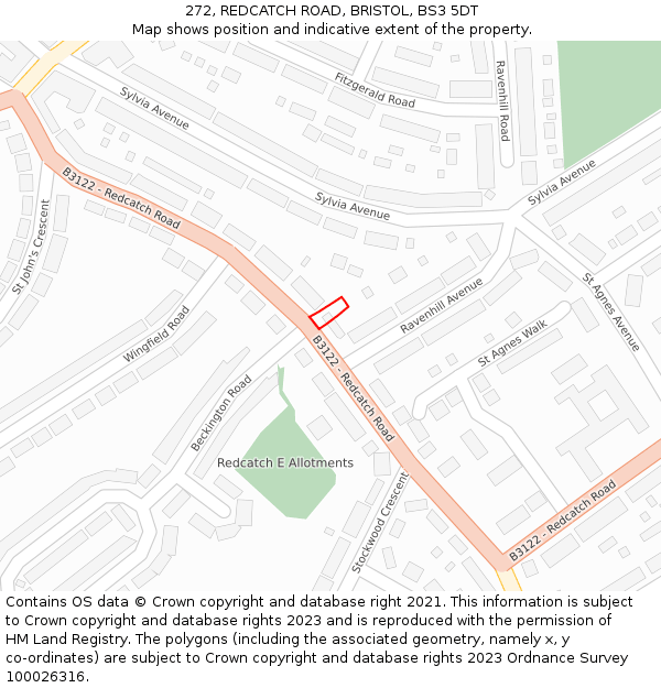 272, REDCATCH ROAD, BRISTOL, BS3 5DT: Location map and indicative extent of plot