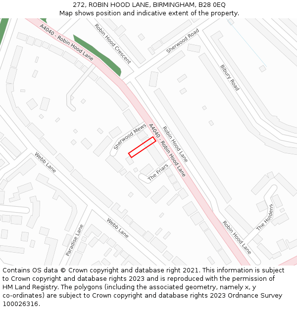 272, ROBIN HOOD LANE, BIRMINGHAM, B28 0EQ: Location map and indicative extent of plot