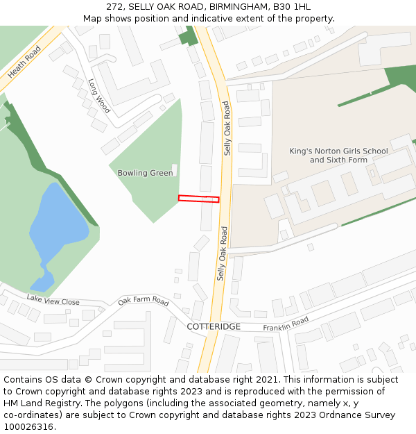 272, SELLY OAK ROAD, BIRMINGHAM, B30 1HL: Location map and indicative extent of plot