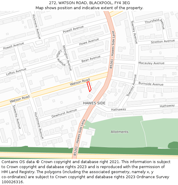 272, WATSON ROAD, BLACKPOOL, FY4 3EG: Location map and indicative extent of plot