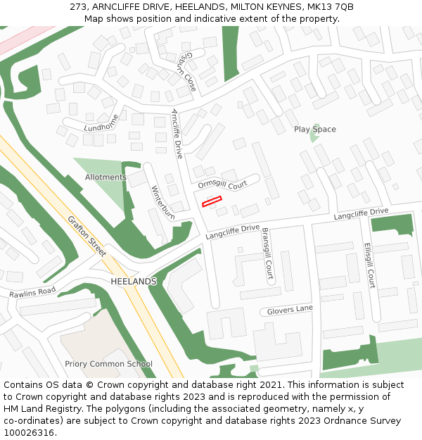 273, ARNCLIFFE DRIVE, HEELANDS, MILTON KEYNES, MK13 7QB: Location map and indicative extent of plot