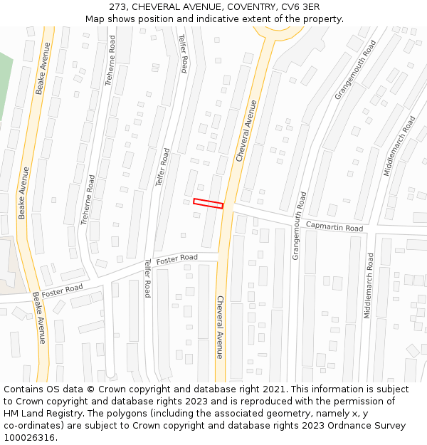273, CHEVERAL AVENUE, COVENTRY, CV6 3ER: Location map and indicative extent of plot