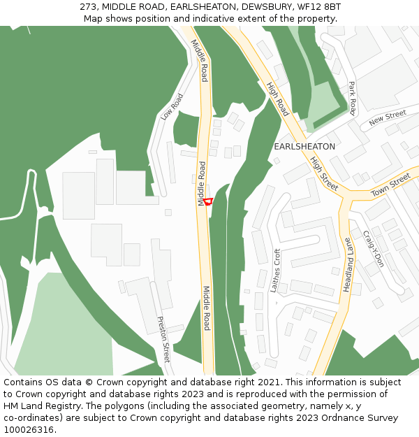 273, MIDDLE ROAD, EARLSHEATON, DEWSBURY, WF12 8BT: Location map and indicative extent of plot